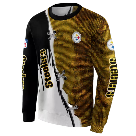 Pittsburgh Steelers Ripped Pattern Gold Black White AOP Sweatshirt - Moonbestprint