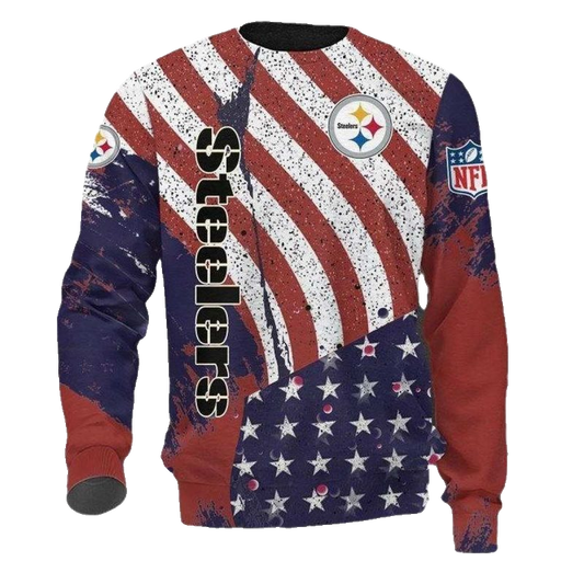Pittsburgh Steelers Logo And American Flag Distressed AOP Sweatshirt - Moonbestprint