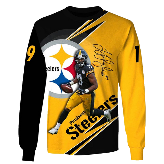Pittsburgh Steelers Juju Smith Schuster No 19 Signature Yellow And Black AOP Sweatshirt - Moonbestprint