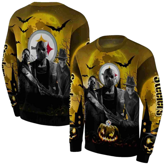 Pittsburgh Steelers Horror Halloween Vibes Gold Black AOP Sweatshirt - Moonbestprint