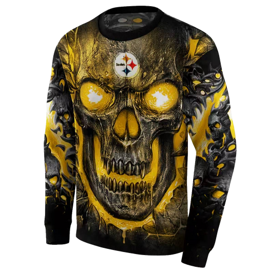 Pittsburgh Steelers Demonic Skull Gold Black AOP Sweatshirt - Moonbestprint
