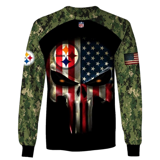 Pittsburgh Steelers Army Camouflage American Flag Punisher Skull AOP Sweatshirt - Moonbestprint
