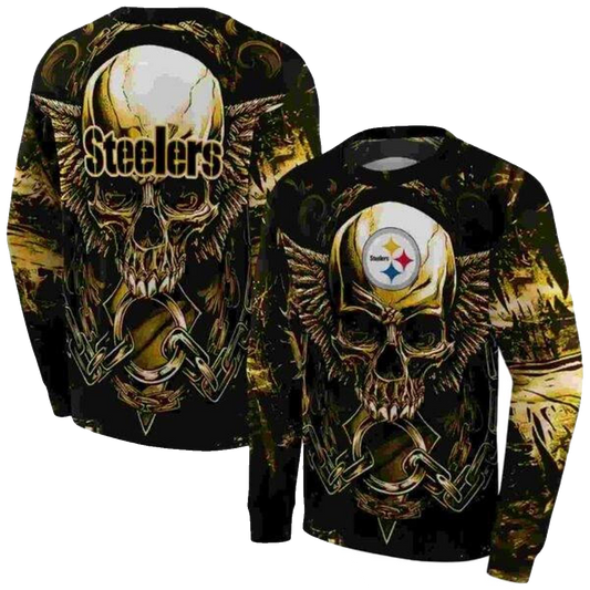 Pittsburgh Steelers Angel Skull Artwork Gold Black AOP Sweatshirt - Moonbestprint
