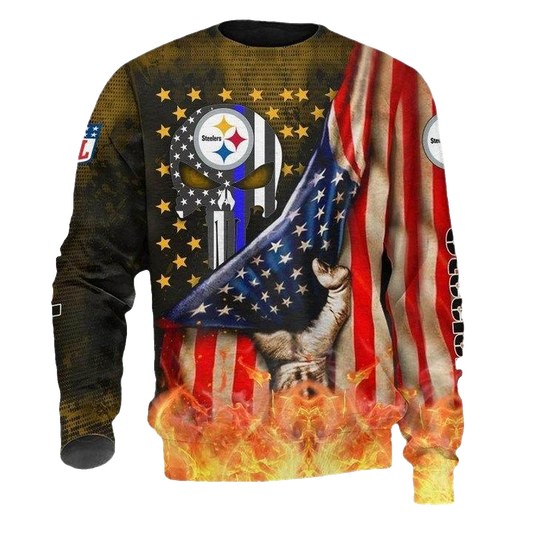 Pittsburgh Steelers American Flag Skull AOP Sweatshirt - Moonbestprint