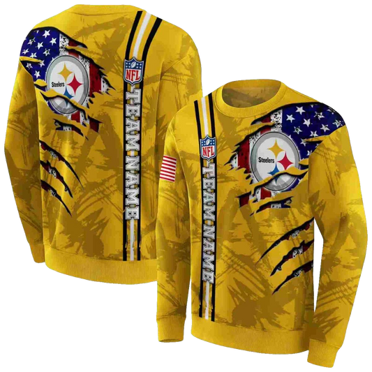 Personalized Pittsburgh Steelers Ripped Flag Gold AOP Sweatshirt - Moonbestprint