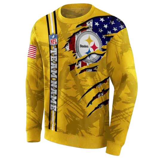 Personalized Pittsburgh Steelers Ripped Flag Gold AOP Sweatshirt - Moonbestprint