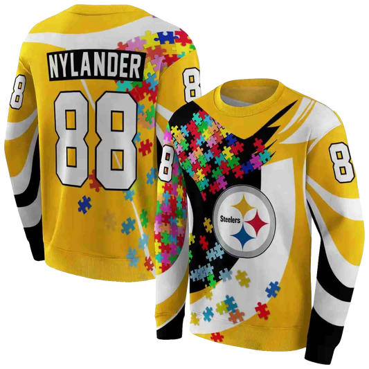 Personalized Pittsburgh Steelers Puzzle Pieces Gold AOP Sweatshirt - Moonbestprint