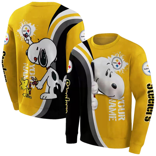 Personalized Pittsburgh Steelers Peeking Snoopy Gold AOP Sweatshirt - Moonbestprint