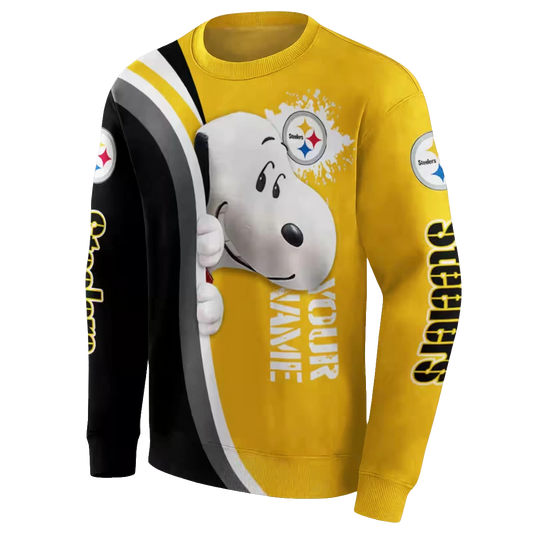 Personalized Pittsburgh Steelers Peeking Snoopy Gold AOP Sweatshirt - Moonbestprint