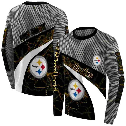 Personalized Pittsburgh Steelers Hexagonal Mesh Gold Black Gray AOP Sweatshirt - Moonbestprint