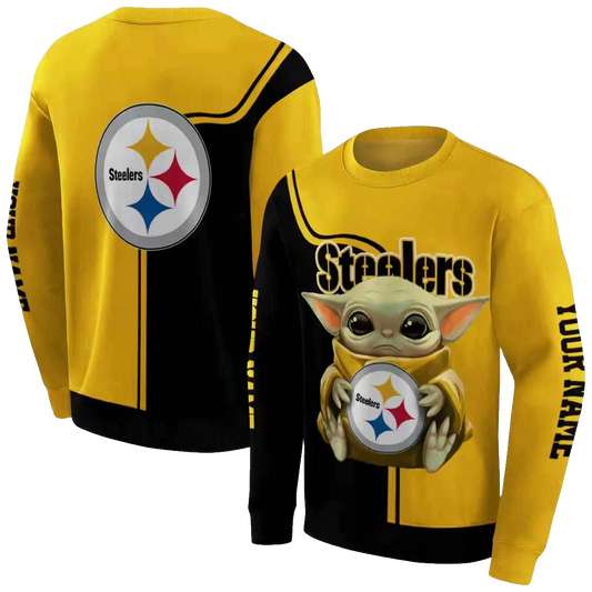 Personalized Pittsburgh Steelers Baby Yoda Hug Logo Gold Black AOP Sweatshirt - Moonbestprint
