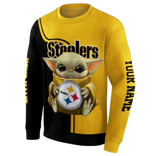 Personalized Pittsburgh Steelers Baby Yoda Hug Logo Gold Black AOP Sweatshirt - Moonbestprint