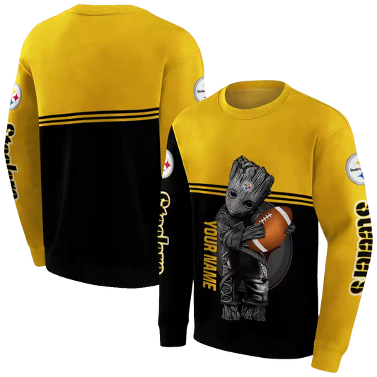 Personalized Pittsburgh Steelers Baby Groot Gold Black AOP Sweatshirt - Moonbestprint