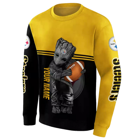 Personalized Pittsburgh Steelers Baby Groot Gold Black AOP Sweatshirt - Moonbestprint