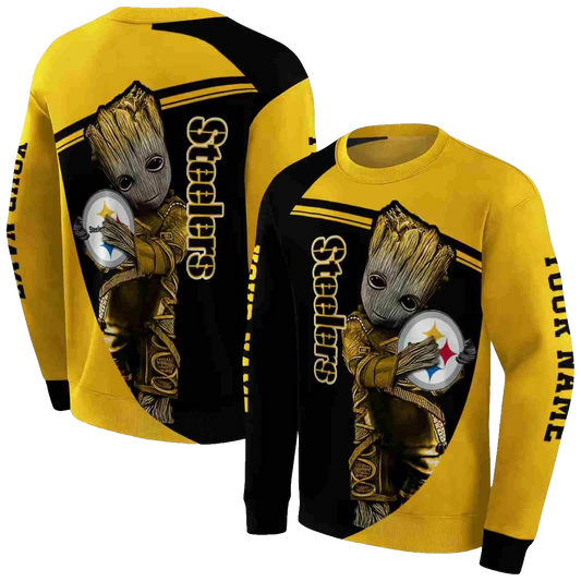Personalized Pittsburgh Steelers Baby Groot Hug Logo Gold AOP Sweatshirt - Moonbestprint