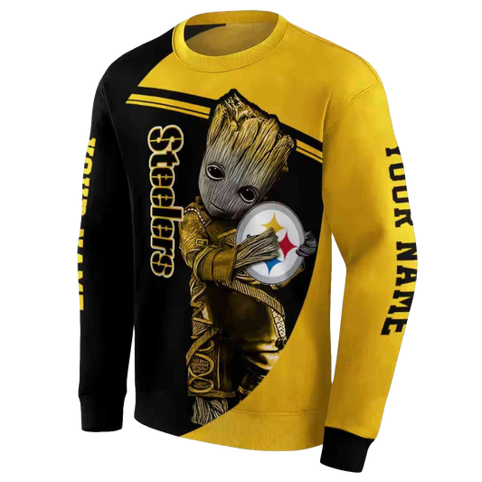 Personalized Pittsburgh Steelers Baby Groot Hug Logo Gold AOP Sweatshirt - Moonbestprint