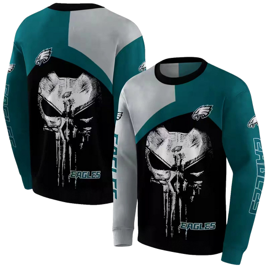 Philadelphia Eagles Skull Punisher Silver Black Aop Sweatshirt - Moonbestprint