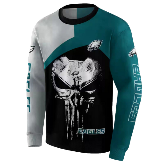 Philadelphia Eagles Skull Punisher Silver Black Aop Sweatshirt - Moonbestprint