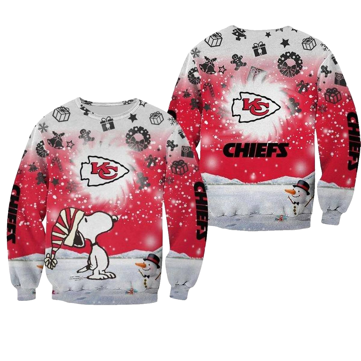 Kansas City Chiefs Xmas Snoopy And Snowman Aop Sweatshirt - Moonbestprint