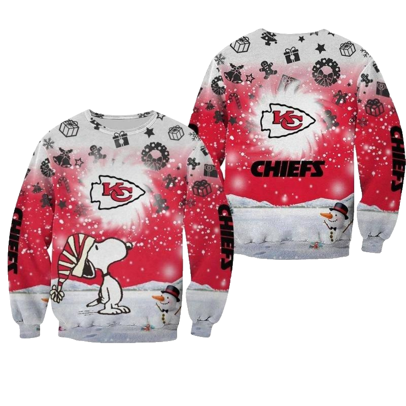 Kansas City Chiefs Xmas Snoopy And Snowman Aop Sweatshirt - Moonbestprint