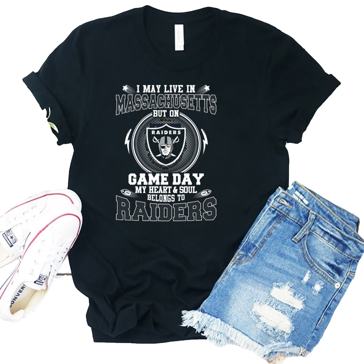 I May Live In Massachusetts But On Game Day My Heart And Soul Belongs To Raiders T-Shirt - Moonbestprint
