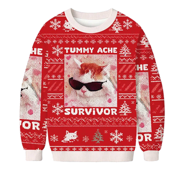 2026 Tummy Ache Survivor Funny Cat Christmas Ugly Sweater Moonbestprint