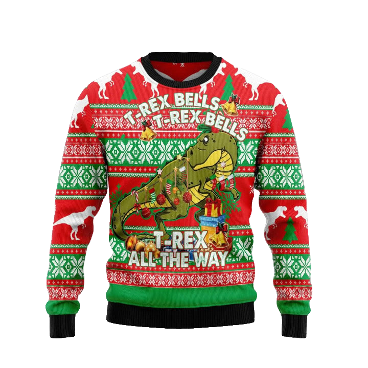 2025 T-Rex Bells-All The Way Christmas Ugly Sweater – Moonbestprint