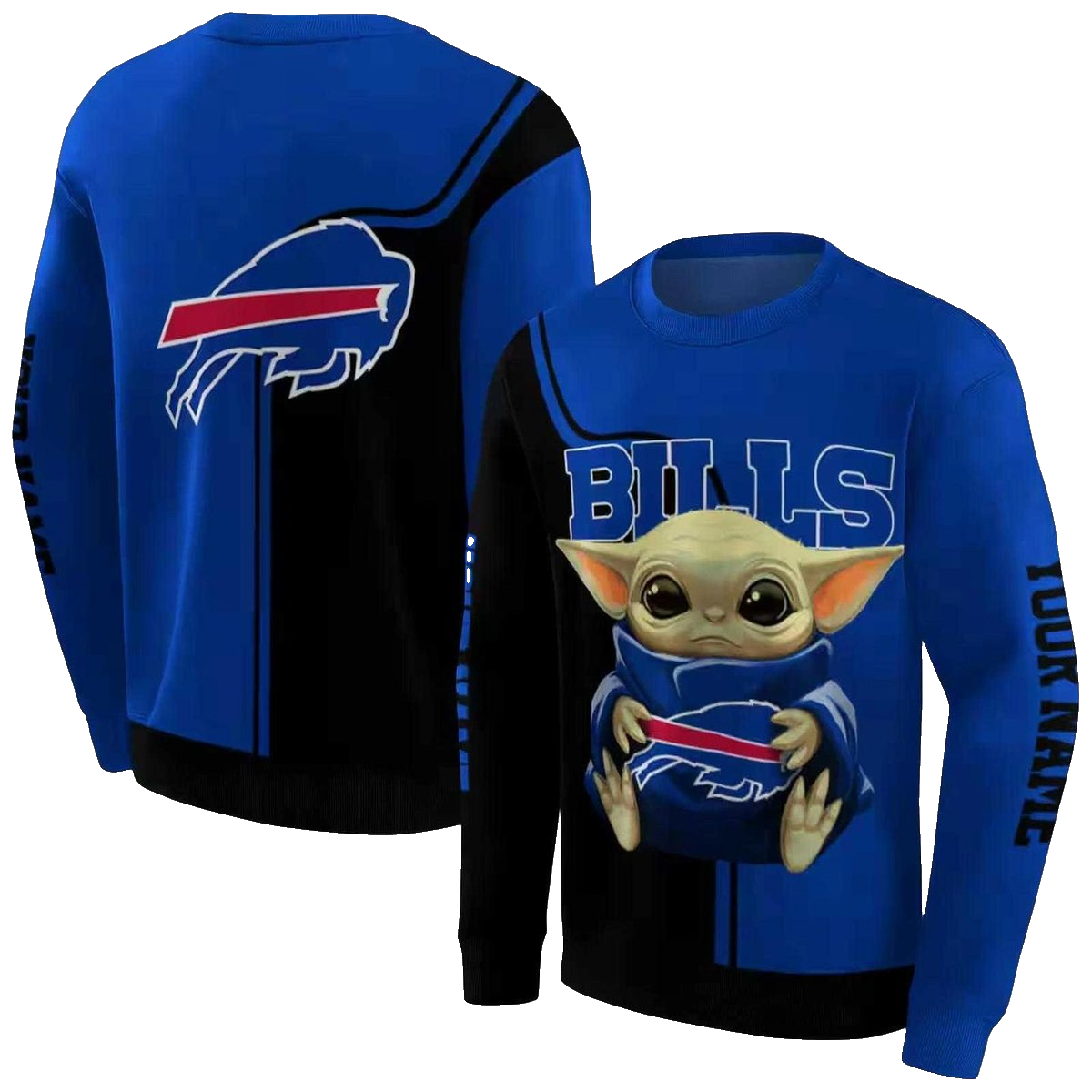Personalized Buffalo Bills Baby Yoda Blue Black AOP Sweatshirt - Moonbestprint