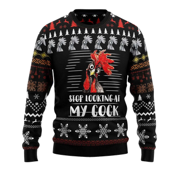 2026 Rooster Stop Looking at My Cock Christmas Sweater Moonbestprint