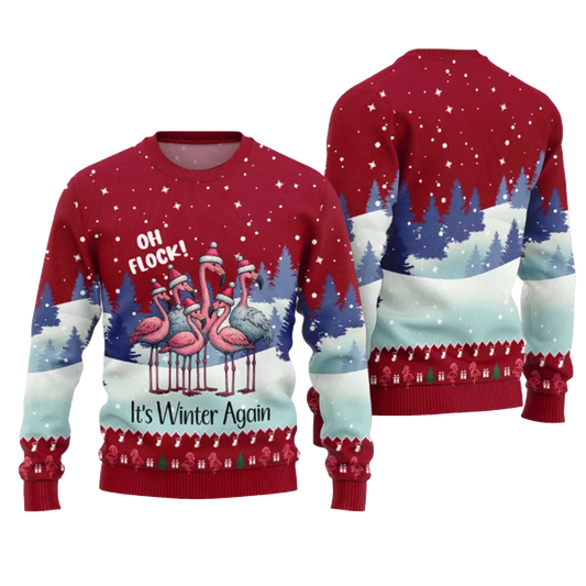 2026 Oh Flock It's Winter Again Flamingo Ugly Christmas Sweater Moonbestprint