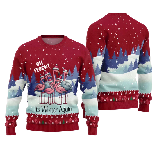 2026 Oh Flock It's Winter Again Flamingo Ugly Christmas Sweater Moonbestprint