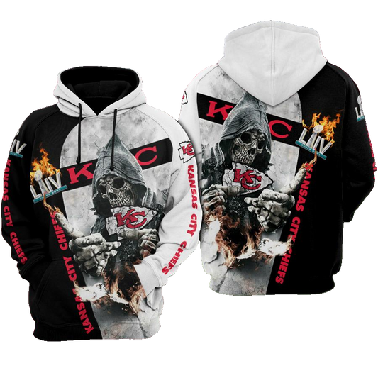 Kansas City Chiefs Death God Liv Flame White Black Hoodie Adult Sizes S - 5xl Th1461 - Moonbestprint
