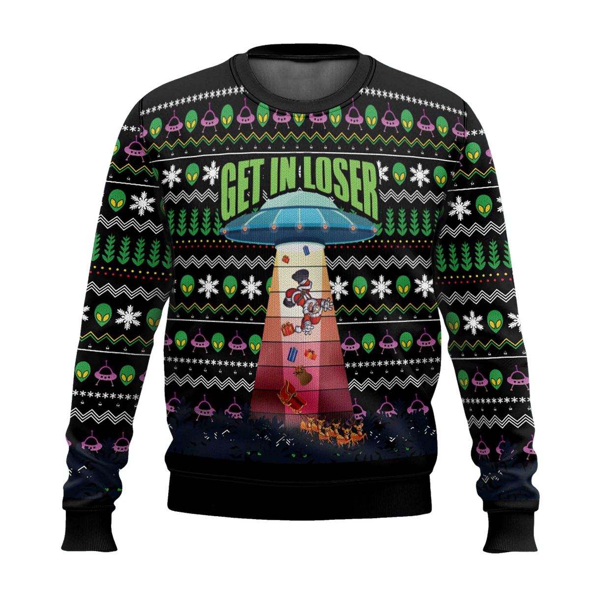 2026 Get In Loser Alien Kidnaps Santa Claus Ugly Christmas Sweater Moonbestprint
