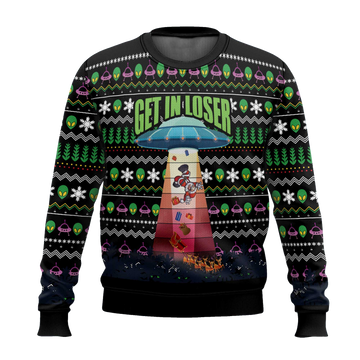 2026 Get In Loser Alien Kidnaps Santa Claus Ugly Christmas Sweater Moonbestprint