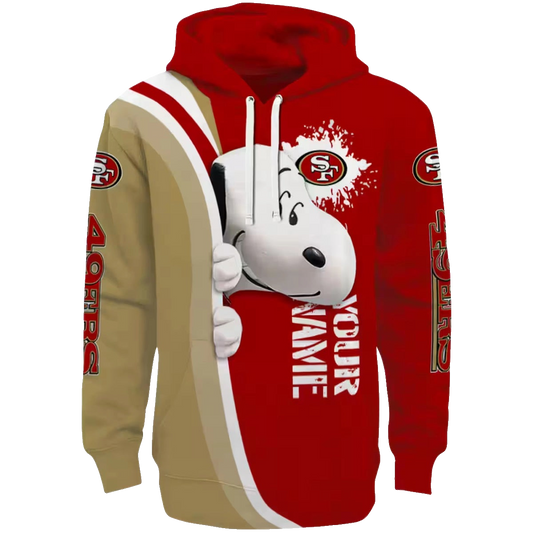 Personalized San Francisco 49ers Peeking Snoopy Red Aop Hoodie - Moonbestprint