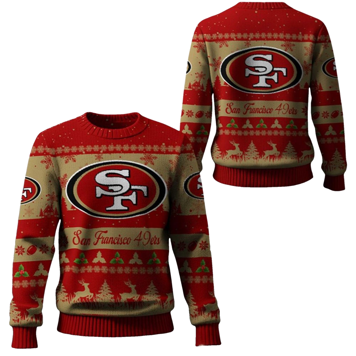 2025 Christmas SF 49ers Festive Reindeer Tree Ugly Sweater – Moonbestprint