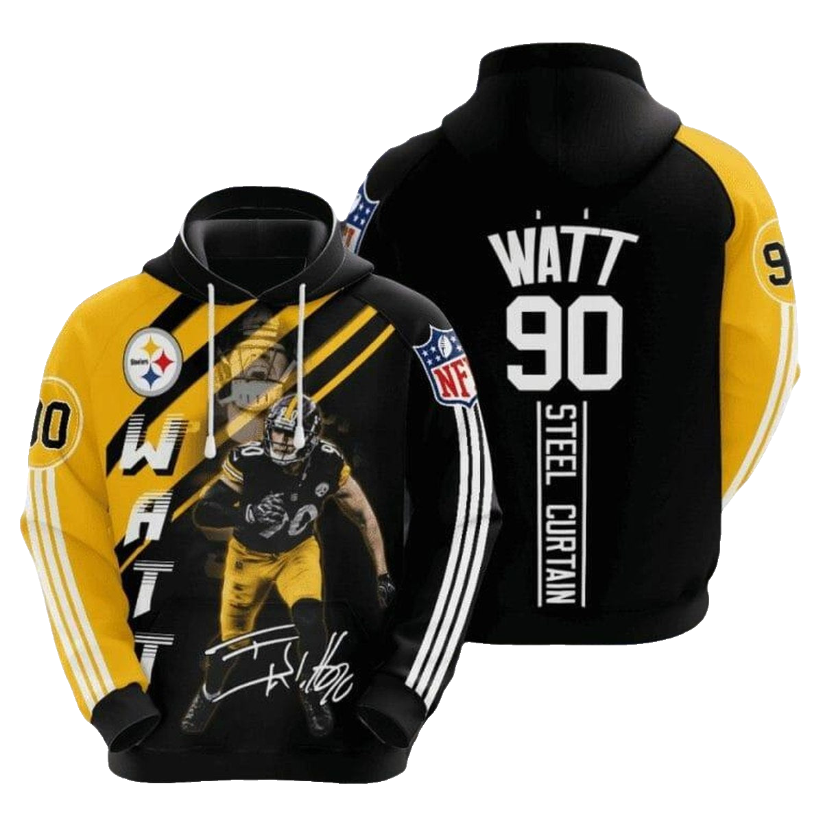 Pittsburgh Steelers T. J. Watt Signature Black Gold Stripes AOP Hoodie - Moonbestprint