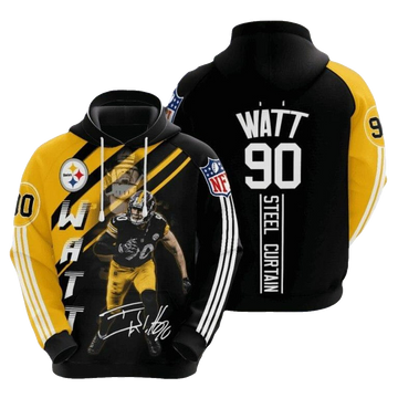Pittsburgh Steelers T. J. Watt Signature Black Gold Stripes AOP Hoodie - Moonbestprint