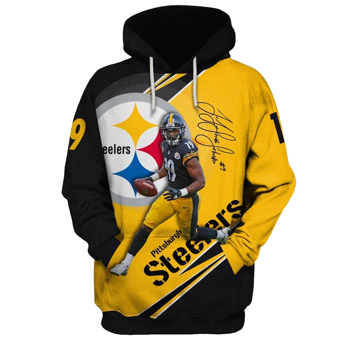 Pittsburgh Steelers Juju Smith Schuster No 19 Signature Yellow And Black AOP Hoodie - Moonbestprint