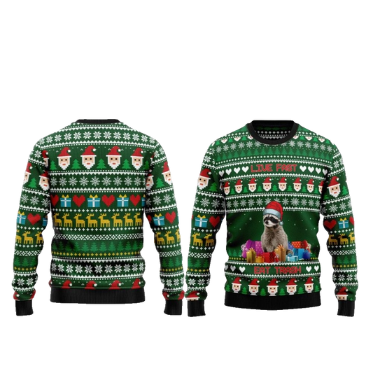 2026 Christmas Raccoon Live Fast Eat Trash Ugly Christmas Sweater - Moonbestprint