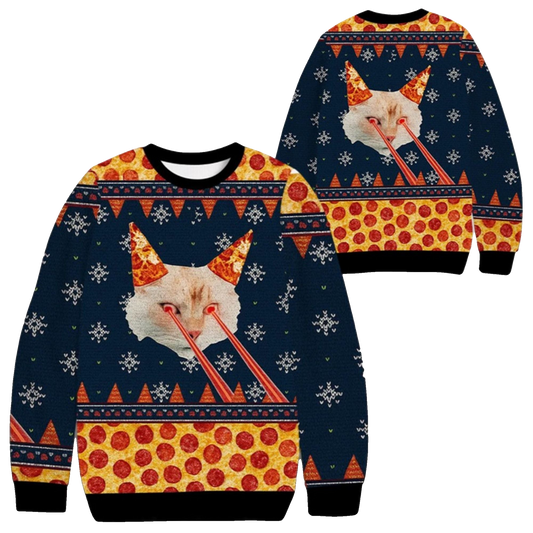 2026 Christmas Pizza Cat With Laser Eyes Ugly Sweater - Moonbestprint