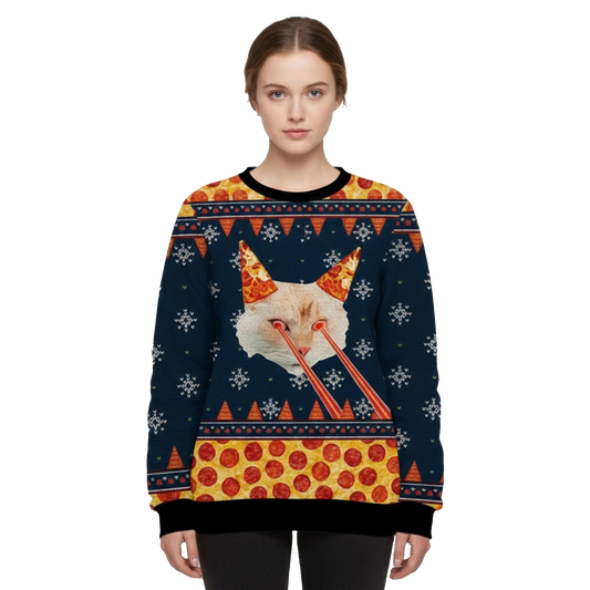 2026 Christmas Pizza Cat With Laser Eyes Ugly Sweater - Moonbestprint