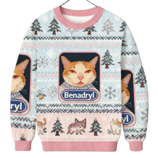 2026 Christmas Pink Benadryl Meme Cat Ugly Sweater - Moonbestprint