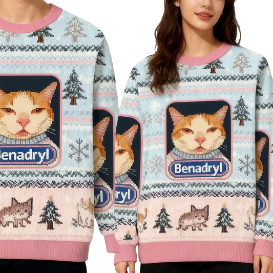 2026 Christmas Pink Benadryl Meme Cat Ugly Sweater - Moonbestprint
