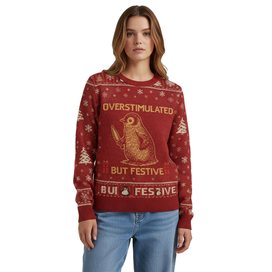2026 Christmas Penguin Overstimulated So Funny Ugly Sweater - Moonbestprint