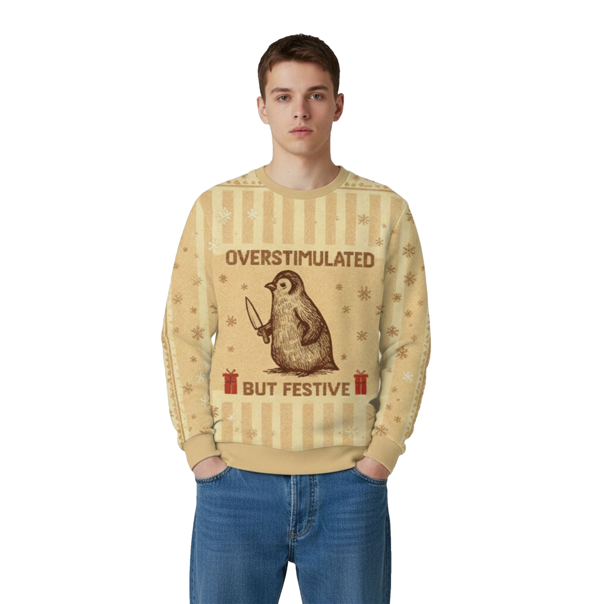 2026 Christmas Penguin Overstimulated But Festive Ugly Sweater - Moonbestprint