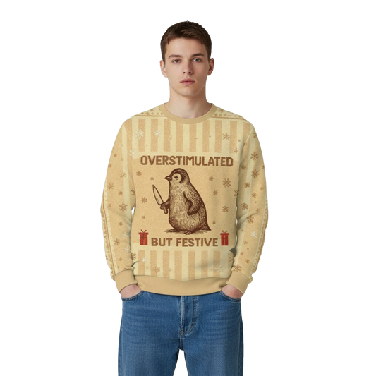 2026 Christmas Penguin Overstimulated But Festive Ugly Sweater - Moonbestprint