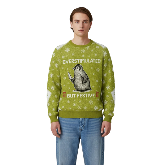 2026 Christmas Overstimulated But Festive Penguin Ugly Sweater - Moonbestprint