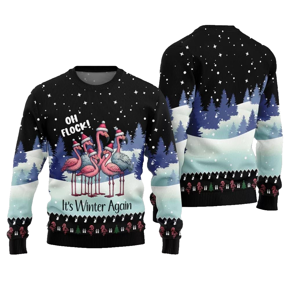 2026 Christmas Oh Flock Flamingo Ugly Christmas Sweater - Moonbestprint