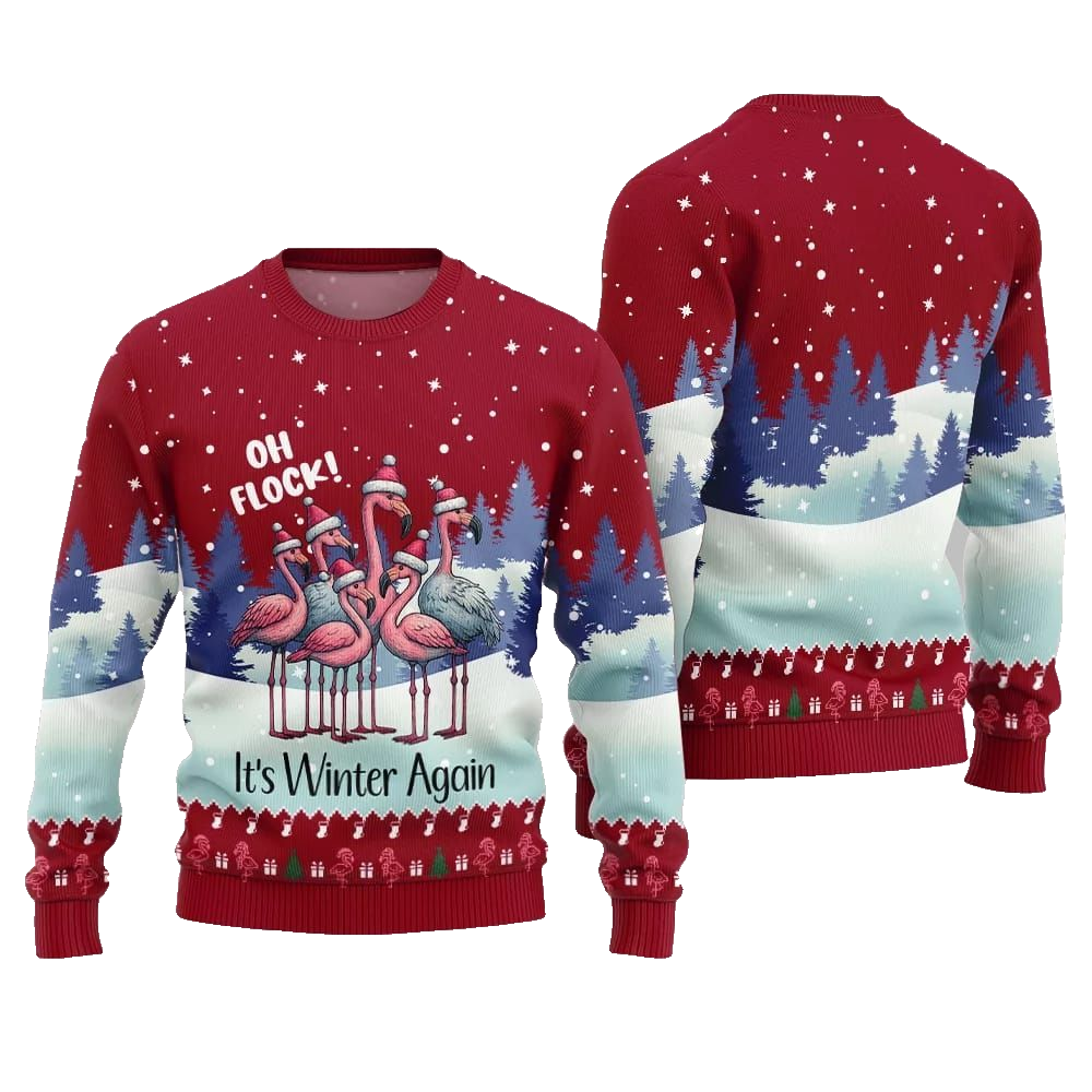2026 Christmas Oh Flock Flamingo Ugly Christmas Sweater - Moonbestprint